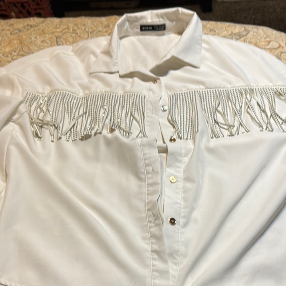 SHEIN White Fringe Button Down Shirt